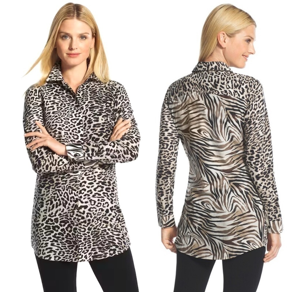Chico’s Andie Glam Effortless No Iron Mixed Animal Print Button Up Shirt 0 Small